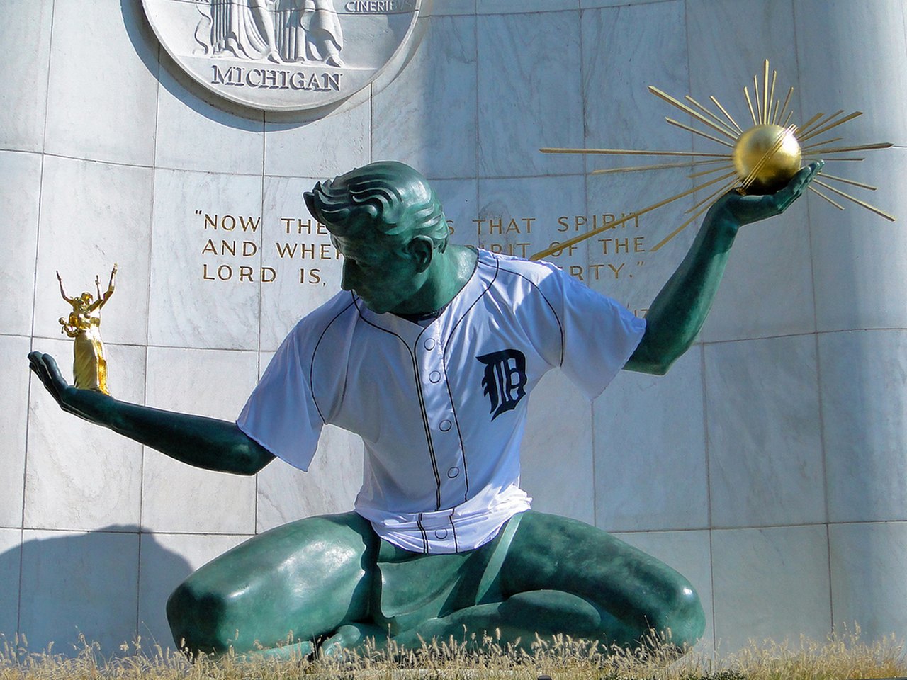 Detroit Lions' jersey on the Spirit of Detroit statue
