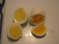 Hard boiled egg on left, soft boiled egg on right