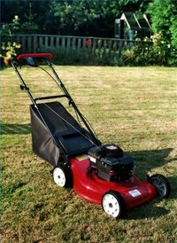A rotary mower with an attached bag.