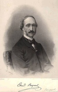 Foxing is the development of dark brown splotches, as seen near the bottom of this lithograph of physicist Alexandre Edmond Becquerel