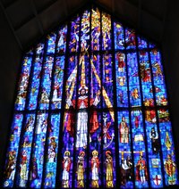 A stained glass window displayed in St. Andrew's Catholic Church, Honolulu, HI.