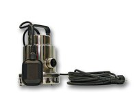 Submersible sump pump with tethered float.