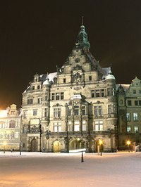 Dresden hosts a Christmas market each year with traditional pyramid displays.