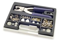 Pliers and eyelet and snap tools can be used for fabric, paper, canvas and leather.