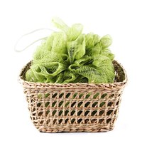 Use green bath puffs to make a holiday wreath.