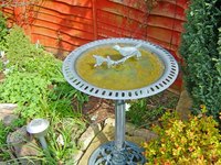 Decorate a bird bath with stone or ceramic figures.