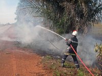 A firefighter's hat protects him.