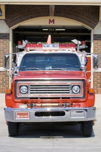 A fire truck gets ready to respond to a fire.