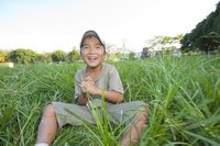 Smiling child sitting grass field.