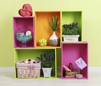 Colorful latex paint turns old crates into happening decor.
