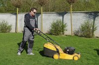 Man with lawn mower cutting grass.