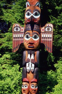 Totem poles are examples of polychrome wood.