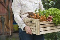A man carrying a box of assorted vegetables.