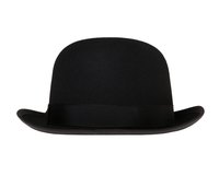 The bowler hat has an upturned brim and a ribbon.