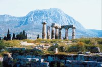 The remaining columns of the temple of Apollo at the ancient Corinth archaeological site