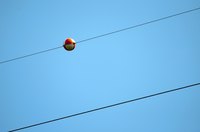 A red ball on a power line.