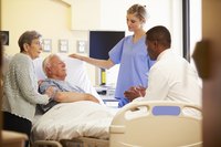 A doctor and a nurse talk to an elderly patient in a hospital bed, accompanied by his wife