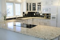 A granite countertop in a kitchen.