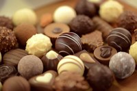 A close-up of decadent chocolate pralines.