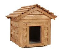 A doghouse provides shelter and comfort.