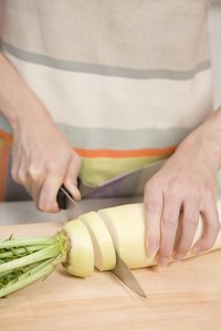 Lo bok roots can be carved thickly or sliced thinly, depending on the dish.