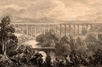A black and white lithograph print of an aqueduct