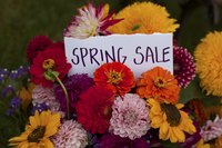 A close-up of a sale sign peeking out of a bouquet of flowers.
