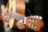 A close-up of a musician playing a chord on an acoustic guitar.