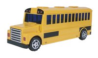 Craft a school bus from cardboard using yellow paper.