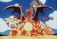 Pictured in the center is Chizard, the adult form of Charmander from Pokemon.