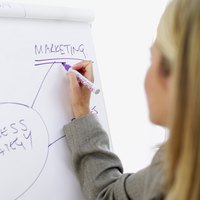 A business woman is writing on a whiteboard.