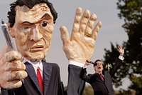 Large-scale paper mache figures such as this giant Stephen Colbert, appear in protests, galleries and parades.