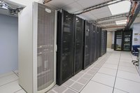 Servers in a data center room in an office building.