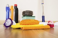 Close-up of a variety of household cleaning products