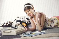Teenage girl dressed in 1960s clothes.