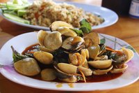 Plate of clams cooked Thai style.