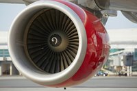 The jet engine of a commercial airliner.