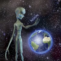 A gray-skin alien studies his findings about Earth.
