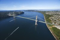 Tacoma, Washington's Narrows Bridge spans across the Puget Sound.