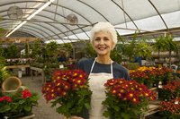 A woman holding plants inside of a greenhouse.