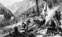 Black and white illustration of the gold rush.