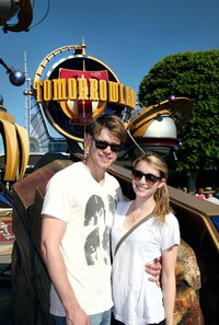 Actors Chord Overstreet and Emma Roberts at the Tommorowland park at Disneyland.