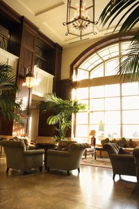 Kentia palms grace the brightly lit atrium and foyer of this hotel.