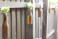Amber bottles filled with flower clippings hanging from a backyard fence.
