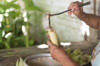 A close-up of a woman making a tamale.