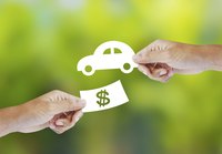 Two hands exchanging cash for a car in digital composition
