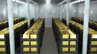 Interior of bank vault containing stacks of gold bars