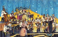 A painted image of a big band performing in a grandstand.