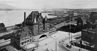 A vintage photo shows the Canadian Pacific Railway terminal in Vancouver, British Columbia.
