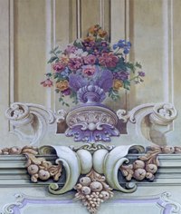 This fresco style painting of a baroque floral arrangement includes the characteristic fruit motifs that commonly accompany the flowers.